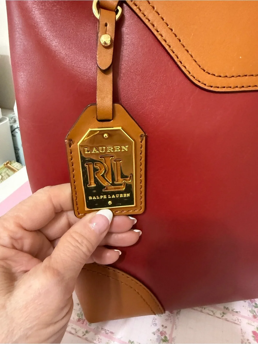 Ralph Lauren Two-Tone Burgundy and Tan Leather Shoulder Bag